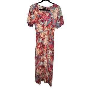 Angie Women’s Floral Wrap‎ Maxi Dress Boho Short Sleeve Rayon Size M